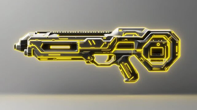 A sci fi weapon design is showcased on a gray wall in a studio with modern lighting and minimal decor