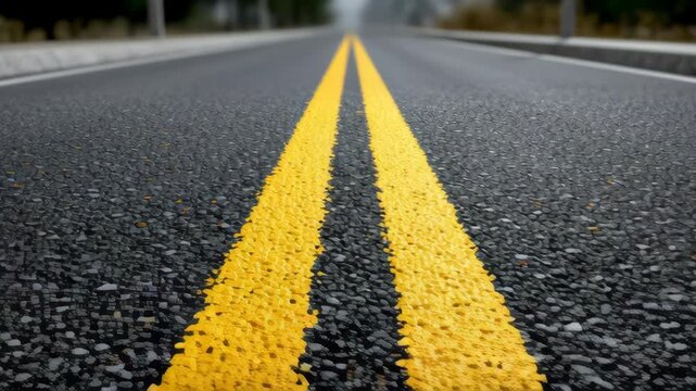 A road with two yellow lines painted on it. The road is empty and the sky is cloudy