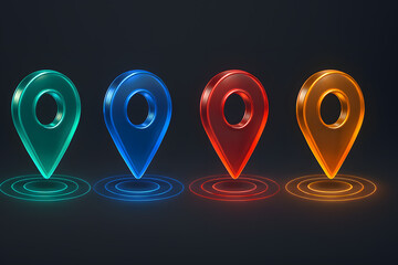 Set of 3D Glass Neon Map Pointer Icons; Glowing Green Blue Red Orange Location Pin Markers for GPS Navigation Digital HUD Interface Tracking and Travel Design