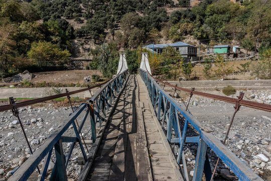 Wooden bridge in Grum village in Rumbur valley, Khyber Pakhtunkhwa, Pakistan
