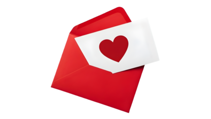 A red envelope with a heart on a white card isolated on transparent background