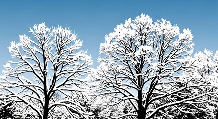 Silhouetted trees covered with fresh winter snow against blue sky