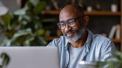 A moment of thoughtful contemplation: A mature individual wearing glasses is deeply absorbed in his laptop, conveying a serene sense of quiet focus and concentration. 