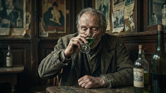 Elderly man in Victorian era bar holds green absinthe glass. He sips thoughtfully in dimly lit wooden interior with vintage bottles and posters. Historical drinking ritual and contemplation concept.