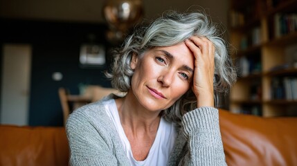 Gazing Thoughtfully: A serene senior woman with elegant silver hair contemplates introspectively, reflecting a moment of quiet contemplation and calm.