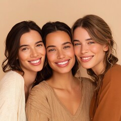 Radiant Trio: Three women, each exuding genuine warmth, gather in a close embrace. Their beautiful smiles and shared energy embody the strength of connection and joy.