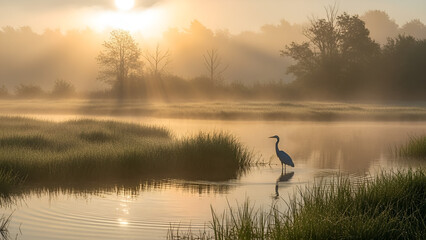 Serenity at sunrise, heron in misty wetland