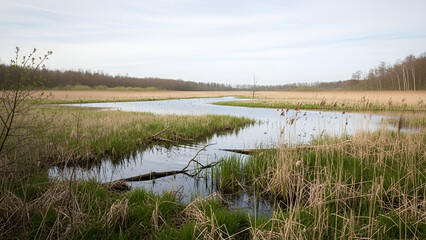 Fototapeta premium Serene wetland landscape with water, reeds, and trees