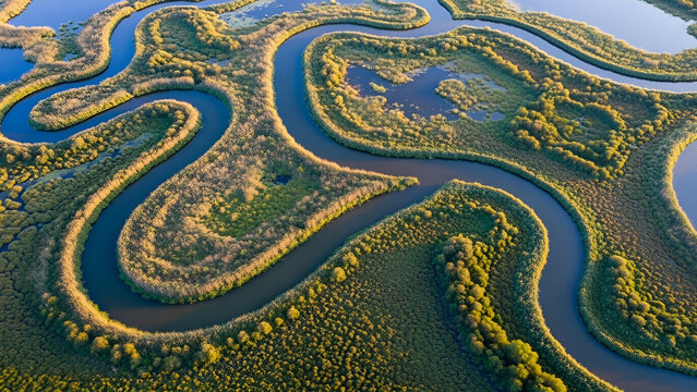 Aerial view of winding river delta landscape with lush greenery and serene waterways