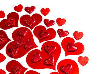 Red heart shape confetti on white background for Valentine Day. Love and wedding concept with shiny glitter heart. Space for text.