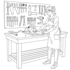 A clean line art illustration of a skilled female artisan working at a workbench, using a power saw to cut wood in a professional tool workshop. Perfect for DIY, craftsmanship, or coloring page themes