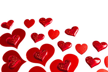 Red heart shape confetti or glitter for romantic Valentines Day greeting card or wedding invitation background with copy space.