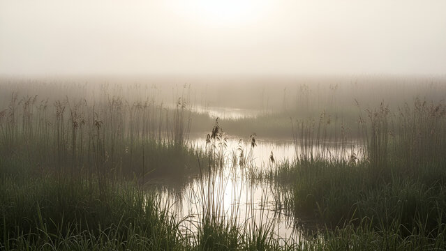 Foggy wetland landscape with tall grass and water reflection