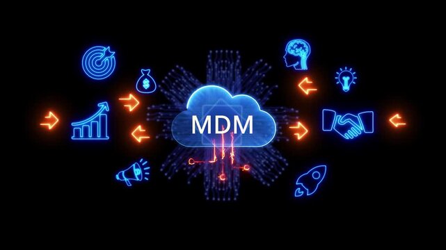 MDM cloud technology concept with neon icons on black background Keywords: MDM, Master Data Management, cloud computing, technology, data, management, digital, network, connection, innovation