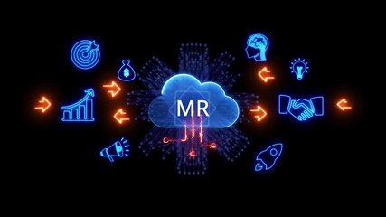 Neon cloud with MR text and surrounding technology icons on black background cloud computing network - Powered by Adobe