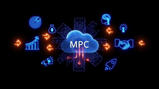 MPC cloud technology concept with neon icons on black background Keywords: MPC, Model Predictive Control, cloud computing, technology, control systems, automation, digital, network, connection