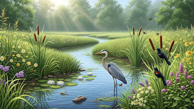 Gray Heron standing in a serene natural pond with cattails and flowers