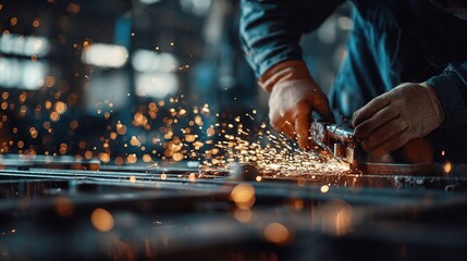 Artisan's Forge: The intense focus of a skilled artisan is captured as sparks erupt, revealing the powerful process of metalwork, illuminating a workshop filled with dedication and craft.