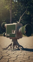 Surreal arboreal film device standing on cracked earth in a forest clearing