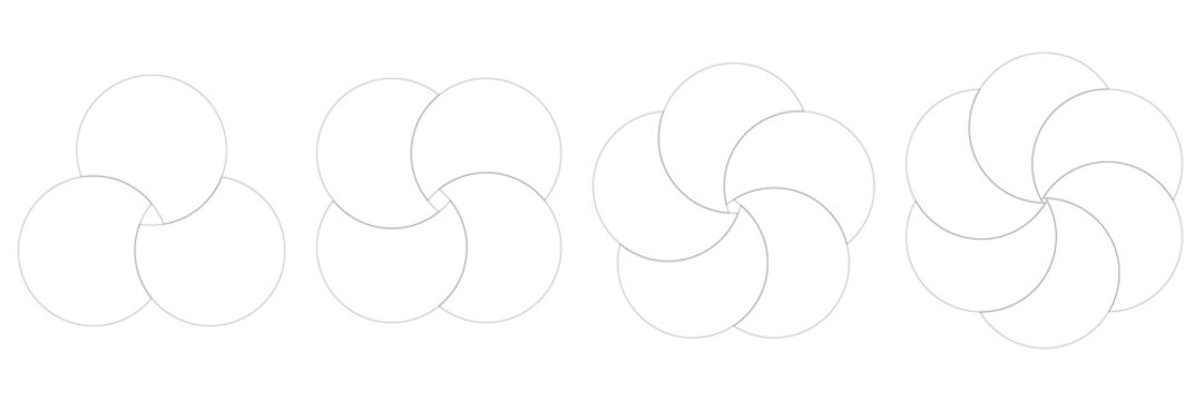 Geometric venn circle framework with three four five and six overlapping shapes in one infographic set for business flow charts or diversity and balance themes.