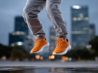 Person jumping in orange sneakers feeling urban freedom