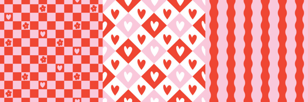 Pink red Valentine seamless pattern set with heart checkered tiles, argyle heart diamonds, and wavy stripes. Valentine&rsquo;s Day print, wallpapers, fabric, gift wrap, stationery design.