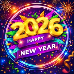 Vibrant Happy New Year 2026 with Golden Text and Celebration Elements