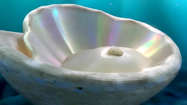 Inside a clam shell as mother of pearl forms around a sand grain with iridescent rainbow sheen milky glow and gentle underwater light