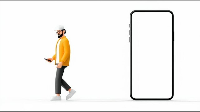 Walking Man Interacts With Smartphone While Exploring Minimalist Environment Without Distractions