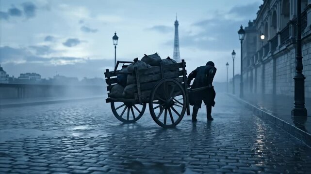 Man pulling wooden cart with logs through foggy Paris street. Another worker joins to push vehicle near Eiffel Tower in rainy dusk. Historical urban transport scene evoking Victorian era atmosphere.