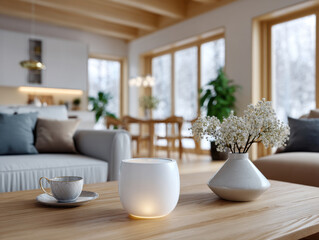 Cozy scandinavian living room with winter view