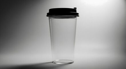 Coffee Cup: An empty, transparent coffee cup with a sleek black lid stands centered, presenting a minimalist aesthetic