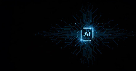 Abstract logo of "AI" with circuit board patterns and glowing elements on a black background.