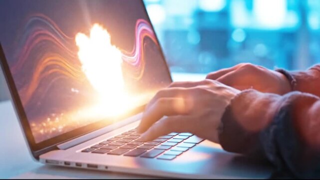 Closeup of hands typing on a laptop keyboard with abstract digital data visualization on screen, representing technology and coding