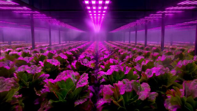 Inside a vertical farm aisle with rows of lettuce under purple LED grow lights hazy volumetric glow crisp wet leaves and tunnel depth focus