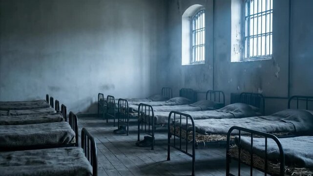 Victorian era empty dormitory with rows of iron beds. Abandoned sleeping quarters in old orphanage or workhouse. Historical interior of dimly lit room with barred windows.