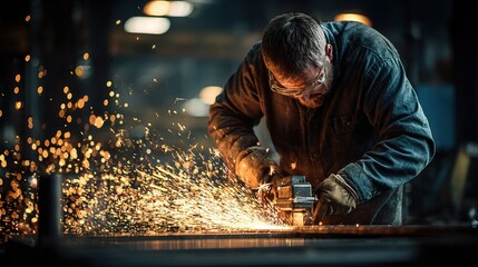 Hard at Work: A seasoned metalworker, intensely focused, skillfully wields a grinding tool, creating a shower of sparks in a dimly lit industrial setting.