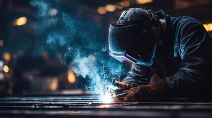 Welding Process: Capturing the intense focus and skilled technique of a welder at work, sparks fly amidst the industrial environment.