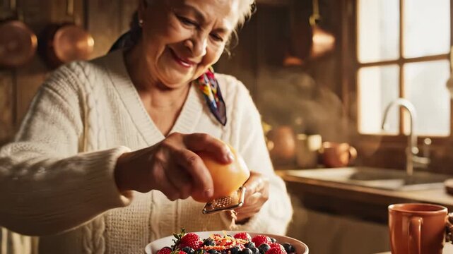 Elderly woman zesting grapefruit over fresh fruit bowl in cozy rustic kitchen with morning sunlight streaming through window, wearing white sweater and colorful headscarf, creating healthy breakfast