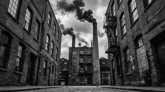 Victorian industrial street scene with rising chimney smoke. Black and white frames showing brick factories and narrow urban alleys in 19th century setting. Atmospheric historical townscape evoking