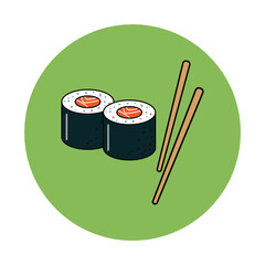 Fresh salmon maki sushi rolls with elegant chopsticks Delicious Japanese Asian cuisine food icon restaurant menu healthy © Cyber