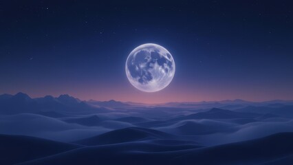 A large full moon illuminates a serene, rolling blue landscape at twilight with a subtle horizon glow.