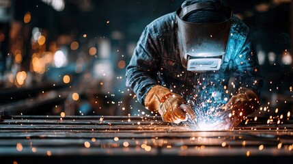 Sparks of Precision: A skilled welder, shielded by a mask, meticulously works with metal, creating vibrant sparks of industry and craftsmanship.