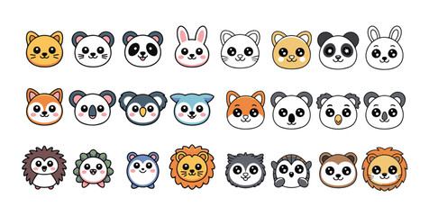 Cute animal faces fox panda rabbit cat owl penguin hedgehog lion cartoon characters © VANU