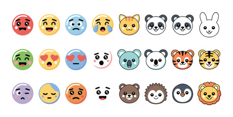 Emoji faces happy sad winking in love shocked animals panda rabbit tiger lion © VANU