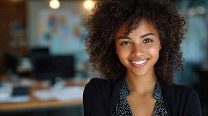 Empowered Woman in Office: A confident professional stands poised in her office, her radiant smile reflecting an atmosphere of ambition, focus, and drive.