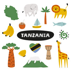 Tanzania Icon Set. Cute Tanzanian Symbols, Nature Elements. Travel Vector Illustration for Prints, Posters