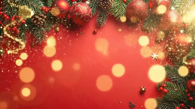 Festive Christmas Border With Red Ornaments Green Fir Branches and Pine Cones On A Red Background With Scattered Golden Glitter