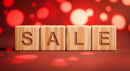 Wooden blocks spelling 'Sale' on red bokeh background  