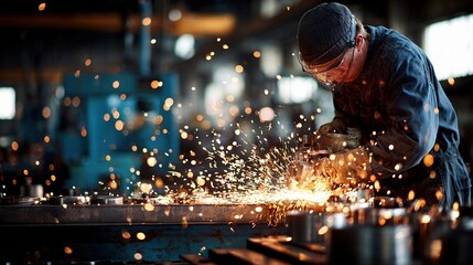 Precision in Steel: An artisan diligently working in a workshop, sparks flying as they shape the metal, a testament to skill and the heart of industry.